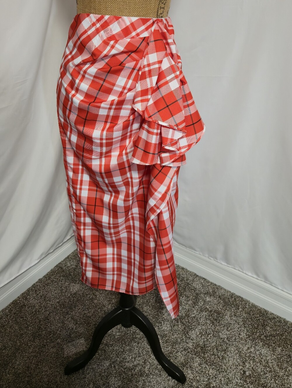 J. Crew Red & White Plaid Ruffled Midi Skirt